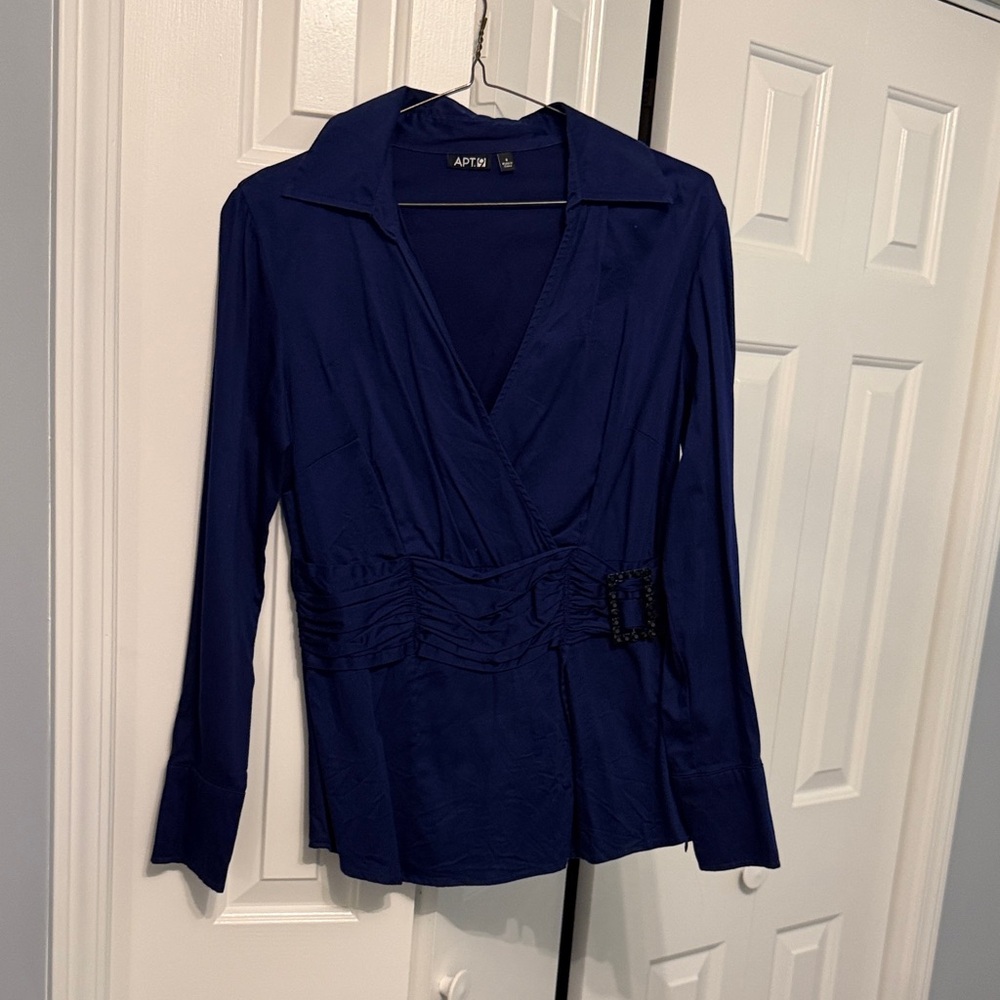 Apt. 9 Deep Blue Wrap-Front Long Sleeve Blouse with Buckle